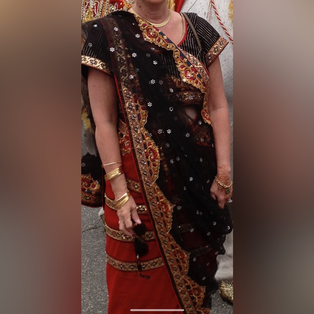 Beautiful black and red saree.